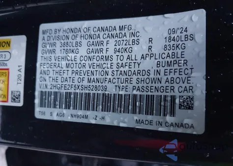 2025 Honda Civic Sport from USA, damaged, VIN 2HGFE2F5XSH528039